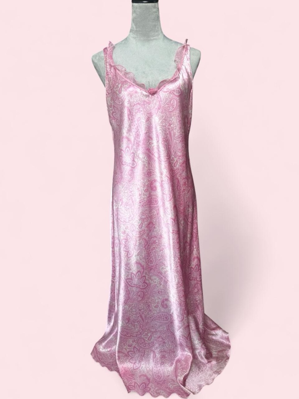 Oscar de la Renta Pink Paisley Satin Long Nightgown Slip Dress Size Large